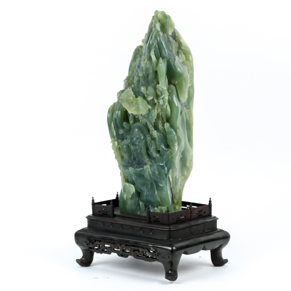 Chinese soapstone carving, the seagreen matrix featuring Budai and luohan in the mountain, with wood - Image 2 of 5