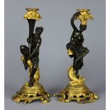 (lot of 2) French ormolu and patinated bronze candlesticks, each having a single light with