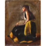 Woman with Tambourine, oil on canvas, unsigned, 19th/20th century, canvas (unframed): 18"h x 14.25"