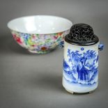 (lot of 2) Group of Chinese porcelain: first, an underglaze blue vessel, the cylindrical body with