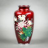 Japanese cloisonne vase, chrysanthemum and plum blossoms on red ginbari, marked "Sato" on the base