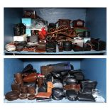 Two bins of camera accessories, including cases, straps, etc., makers include Nikon, Leica,