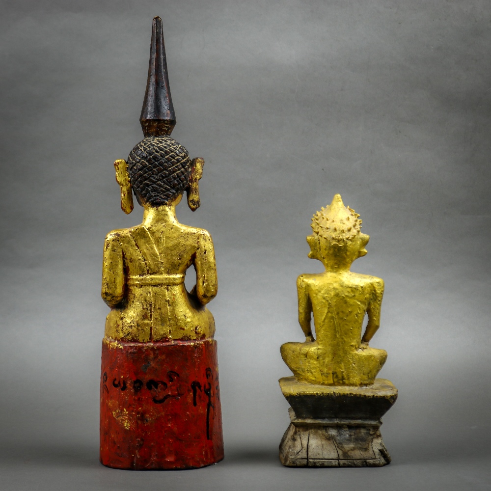 (lot of 2) Southeast Asian gilt wood Buddhas: first, sculpted in strong angles, the oval face topped - Image 4 of 7