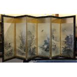 Japanese six-panel byobu screen, ink and colors on paper, left panel with mallards with two men,