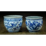 (lot of 2) Chinese underglaze blue porcelain fish bowls, one of peacocks and blossoming peonies; the