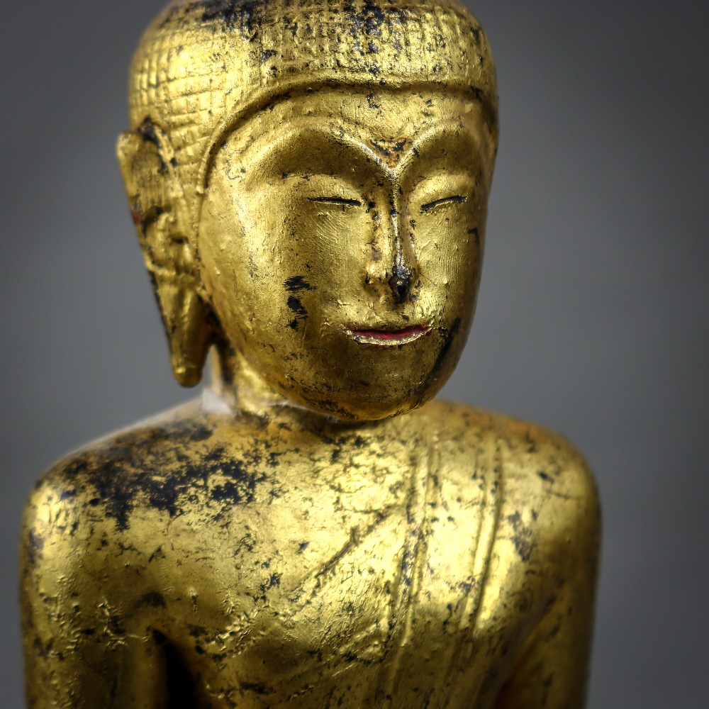 Southeast Asian gilt wood Buddha, seated in bhumispharsha mudra, on a tiered splayed pedestal, 13. - Image 4 of 4