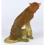 Daum France Pate De Verre limited edition Guepard sculpture, depicting a seated cheetah in amber
