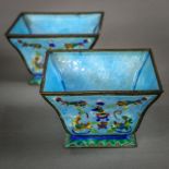 Pair of Chinese enameled metal square bowls, the tapering body with each side featuring five fu-