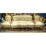 (lot of 3) Louis XV style giltwood carved salon suite, each having a carved floral crest and