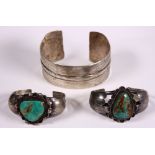 (Lot of 3) Turquoise and silver cuff bracelets Including 2) Native American turquoise and silver