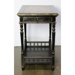 Partial gilt and ebonized side table, the rectangular top over the single drawer case rising on