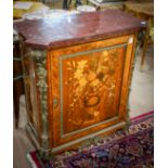 Louis XVI style inlaid music cabinet, having a shaped marble top, above the case accented with