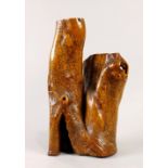 Burlwood figural sculpture and jardiniere, formed from gnarled burlwood with irregular contours