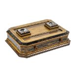 Edwardian inlaid standish writing box, of rectangular form, with canted corners and two cut