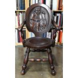 Primitive carved armchair, the oval back depicting Ben Franklin playing the cello, rising on