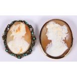 (Lot of 2) Shell cameo, turquoise and 14k yellow gold brooch Including 1) oval shell cameo,