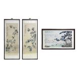 (lot of 3) Chinese paintings, Bird-and-Flower, ink and color on silk, one depicting a 'hundred'