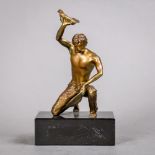 Gilt bronze figural sculpture of a gold panner, depicted kneeling with hat above head, grasping a