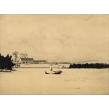 Norman Wilkinson (British, 1878-1971), "Lake Scene with Figure in a Boat," etching, pencil signed