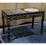 Chinese mother-of-pearl and marble inset hardwood table, the top set with a gray square panel