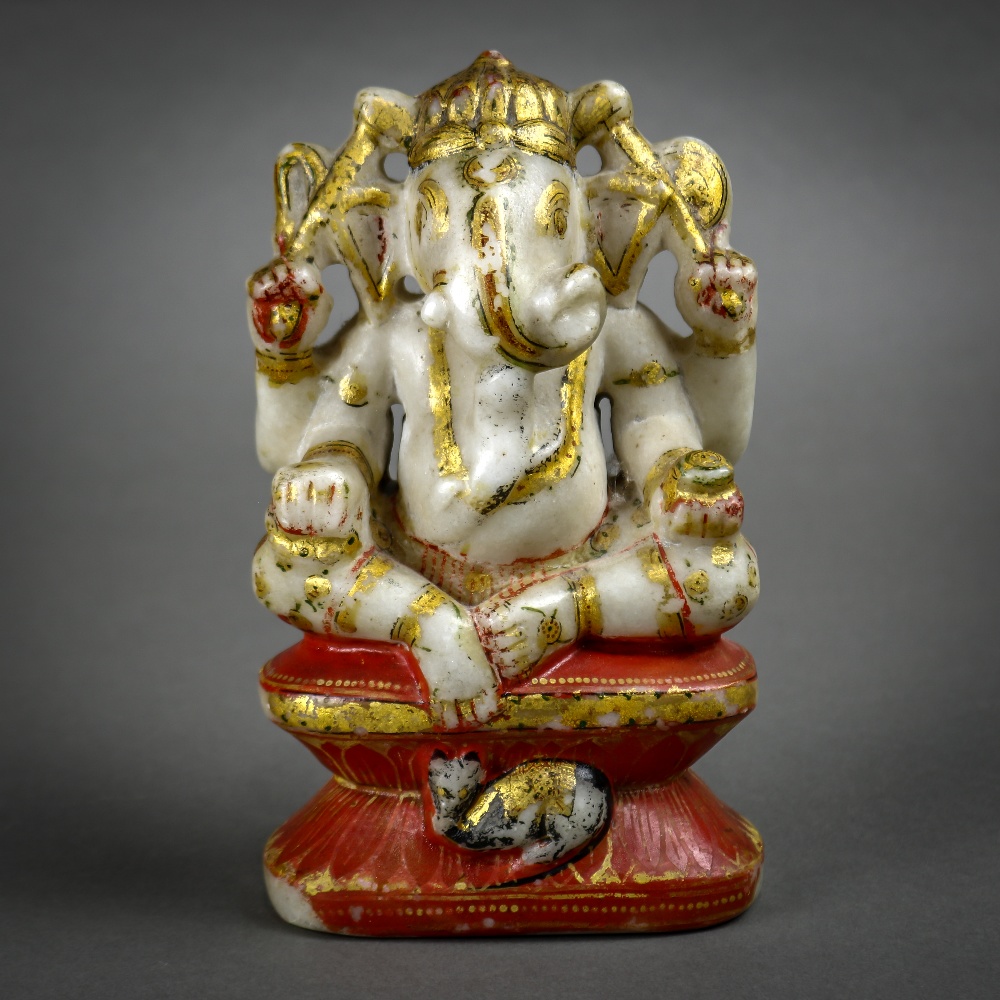 Southeast Asian polychrome marble sculpture of Ganesha, with associated attributes in the four