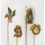 (Lot of 4) Seed pearl, enamel, glass, micro-mosaic, turquoise and gold stickpin Including (1) seed