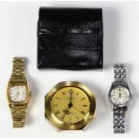 (Lot of 3) Metal clocks and watches Including 1) L. Maissen Klosters 8-Day, 15 jewels metal