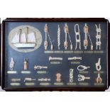 Framed nautical knots, enclosed in a shadow box frame, each with a gilt metal plaque underneath,