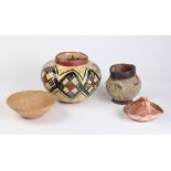 (lot of 4) Pre-Columbian style ceramic vessel group, consisting of a Chupicuaro ceramic pot with a