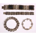(Lot of 4) Mexican black onyx, sterling silver and silver bracelets Including 1) sterling silver