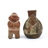 (lot of 2) Moche ceramic figural group, Northern Peru (100 - 800 A.D.), consisting of a Cargador (