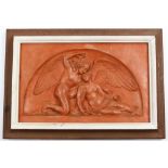 Framed Art Nouveau style terra cotta plaque, depicting "Cupid and Psyche", overall 10.5"h x 15"w