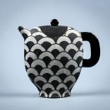 America studio pottery stoneware teapot, circa 2000, of compressed ovoid form with black patterned