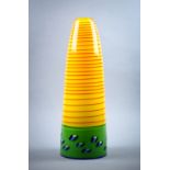 Bruce Pizzichillo art glass vessel, the elongated cylindrical form decorated with orange rings above