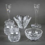 (lot of 6) Crystal table top articles, including a pair of Cartier lidded jars, 5"h; a pair of