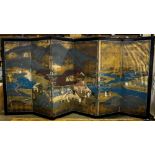Japanese six-panel byobu screen, depicting nobles of Heian period at their residence by the river