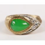 Jadeite, diamond and 14k yellow gold ring Featuring (1) pear-shaped jadeite cabochon, measuring
