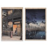 (lot of 2) Tsuchiya Koitsu (Japanese, 1879-1949), "Araki street in Yotsuya" and "Benkei Bridge",