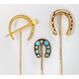 (Lot of 3) Turquoise, pearl and yellow gold horseshoe stickpins Including (1) 14k yellow gold