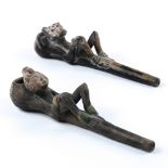 (lot of 2) Tottonac Pre-Columbian style ceramic figural pipe group, each having a pitch blackened