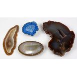 (lot of 4) Agate slice group, the blue one dyed, largest 8"w