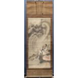 Japanese scroll, depicting a painter whose painted dragon came alive and flew into the sky, ink