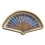 Chinese framed export fan, painted with a gathering of scholars at a pavilion, ribs carved,