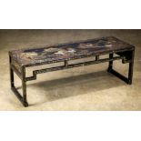 Chinese gilt polychrome lacquered low table, the top decorated with a landscape with villa along the