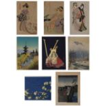 (lot of 8) Japanese woodblock prints: Takahashi Shotei (1871-1945), "Moonrise at Minatomachi"; Omura