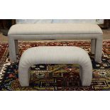 (lot of 2) Moderne upholstered benches, each executed in taupe, one having square legs, the other