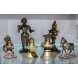 (lot of 6) Indian small metal sculptures, consisting of three linga, a horse, a figural oil lamp and