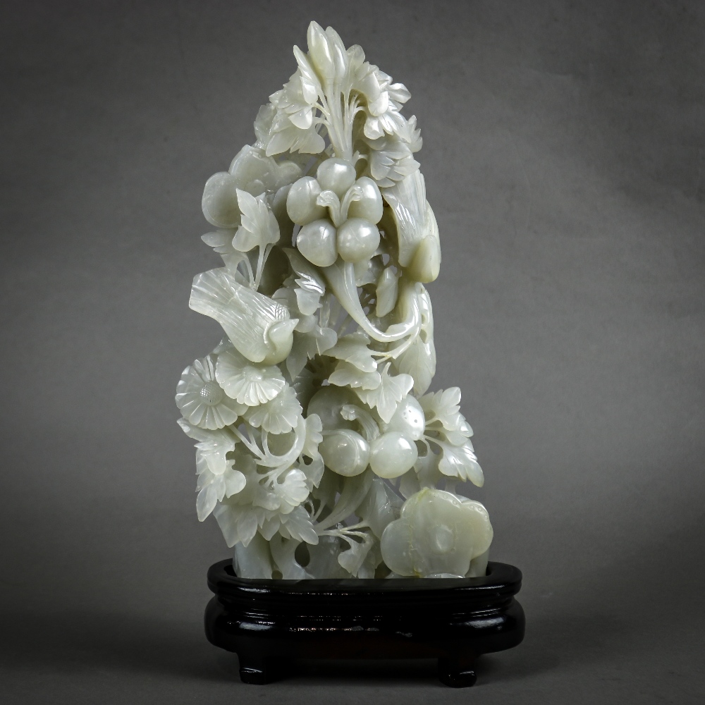 Chinese hardstone sculpture, carved and pierced with birds amid various flowering bushes and a - Image 4 of 4