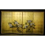 Japanese four panel byobu screen, Peonies on gilt ground, ink and color on paper, each panel approx: