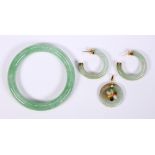 (Lot of 3) Jadeite and 14k yellow gold jewelry Including 1) jadeite baby bangle, measuring